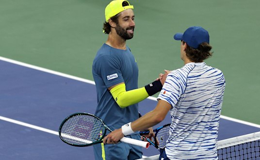 Alex de Minaur (right) beat fellow Australian Jordan Thompson in four sets to make the US Open quarter-finals.