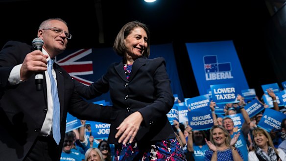 Scott Morrison and Gladys Berejiklian at a Liberal Party rally in Sydney in 2019. On Friday he called her a “dear friend” who had displayed “heroic qualities” as Premier.