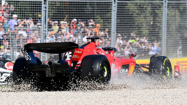Ferrari’s Charles Leclerc gets stuck in a gravel trap at the grand prix.