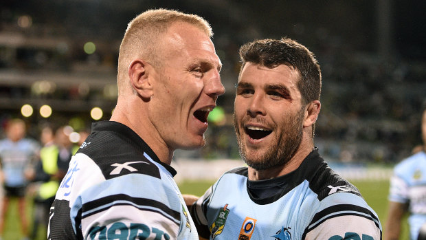 Divisive: Luke Lewis and Michael Ennis celebrate after beating the Raiders in a semi-final in 2016, after which Ennis mockingly performed the viking clap in front of Canberra fans.
