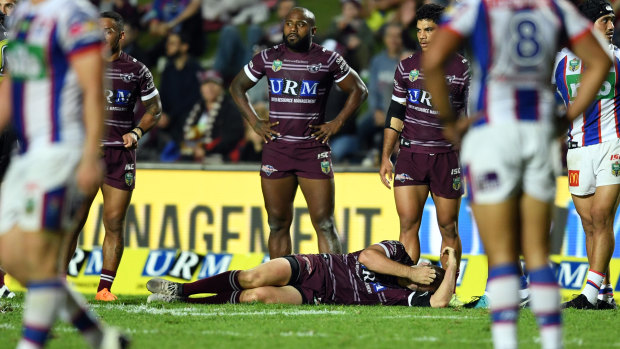 Cut down: Lachlan Croker became the third Manly player to suffer a serious knee injury at Lottoland this season.