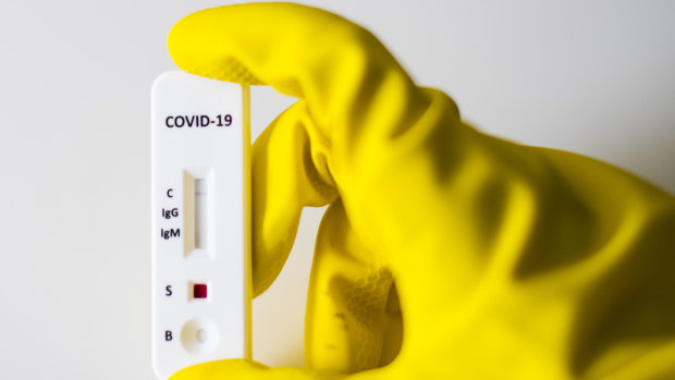An at-home Premier Biotech COVID-19 antibody rapid test shown in Boston, Massachusetts.