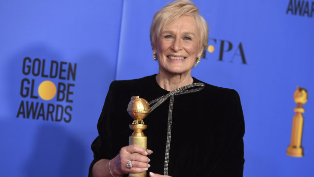 Glenn Close with her Golden Globe award for for best performance by an actress in a motion picture, drama.