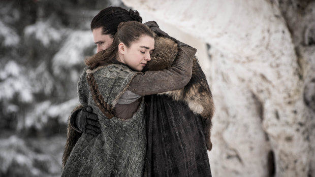 Arya Stark (Maisie Williams) and Jon Snow (Kit Harington) in a scene from the season eight premiere of Game of Thrones.