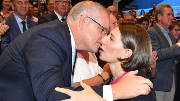 Prime Minister Scott Morrison and NSW Premier Gladys Berejiklian at the NSW Liberal campaign launch at Penrith Panthers Leagues Club.