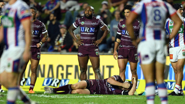 Cut down: Lachlan Croker became the third Manly player to suffer a serious knee injury at Lottoland this season.
