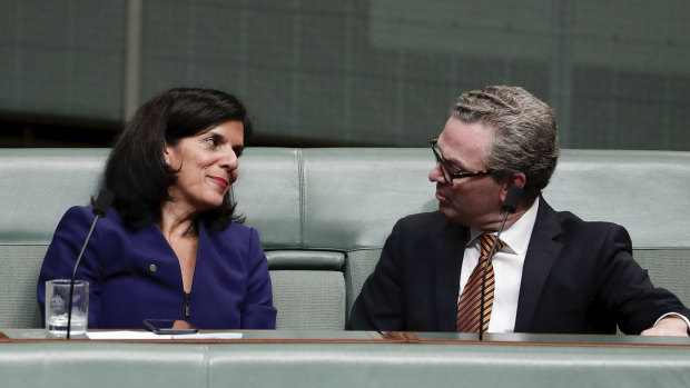 The new crossbench MP talks with Defence Minister Christopher Pyne in the chamber on Tuesday.