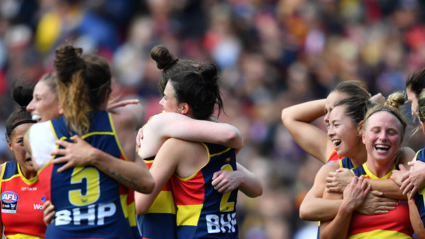 Adelaide celebrate a goal during the AFLW grand final.