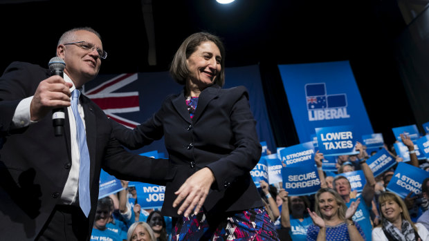 Scott Morrison and Gladys Berejiklian at a Liberal Party rally in Sydney in 2019. On Friday he called her a “dear friend” who had displayed “heroic qualities” as Premier.