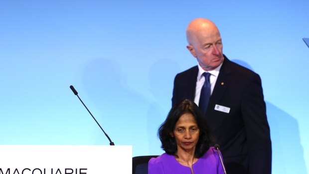 Macquarie Group chief executive Shemara Wikramanayake and chair Glenn Stevens at the company’s AGM on Thursday.