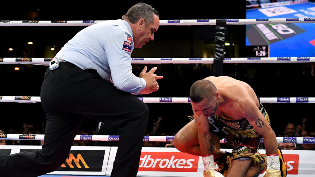 Sucker for punishment: Anthony Mundine is counted out after being felled by a Jeff Horn left hook. 