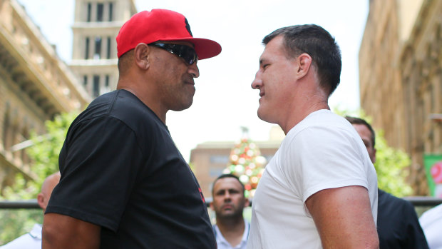 Heavyweights: Former NRL player John Hopoate and Paul Gallen promote their fight at the Martin Place Amphitheatre.
