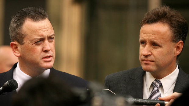 Michael Harvey, right, and Gerard McManus  speak to the media on the steps of the County Court in 2007.
