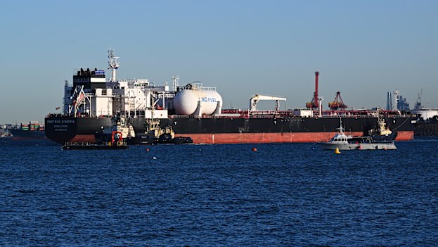 The oil tanker Proteus Bohemia, containing fuel that originated in Russia, moves from Port Botany to Kurnell on Tuesday.