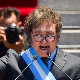 Argentina’s new President Javier Milei speaking outside Congress in Buenos Aires.