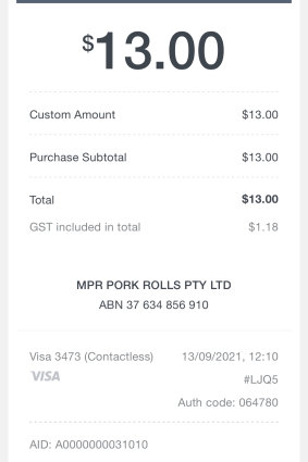 Receipt for lunch at Marrickville Pork Roll. 