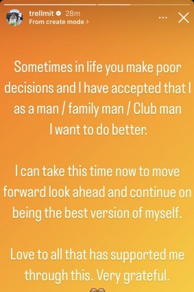 A post on Latrell Mitchell’s Instagram story on Tuesday afternoon.