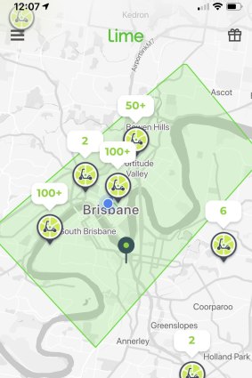 People can find and hire a Lime scooter via the app. The green rectangle shows the "geofencing" area in Brisbane's inner-city.