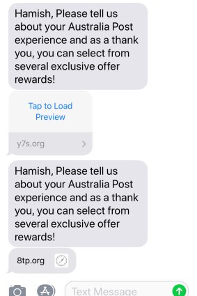 The offending text messages from 'Australia Post'