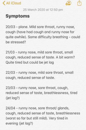 Jess began taking notes of her symptoms on the plane on March 20.