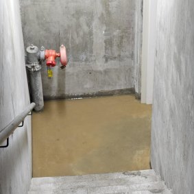 Water in the stairwell to the carpark at the Oaks Casino Tower Suites before it subsided overnight.