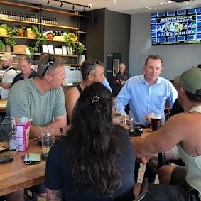 WA Premier Mark McGowan talks to Karratha locals at the Grand Central Tavern in Nickol.