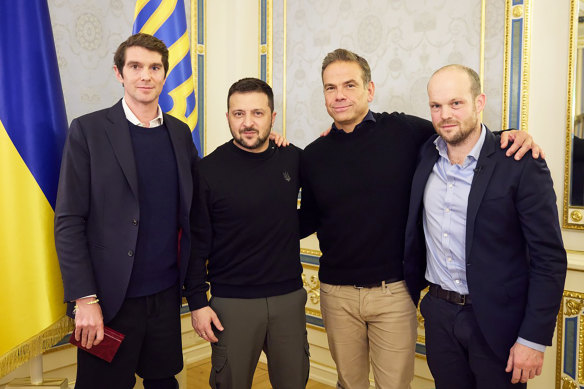 (From left) Fox News journalist Benjamin Hall with Ukrainian President Volodymyr Zelensky, News Corp chair Lachlan Murdoch and Sun reporter Jerome Starkey in Kyiv.
