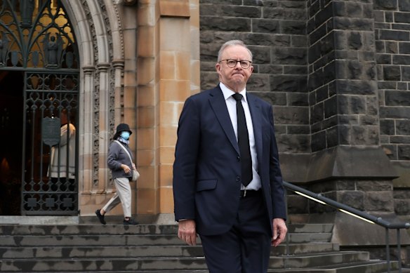 Anthony Albanese departs St Patrick’s Cathedral in Melbourne after Pope Francis’ death in April.
