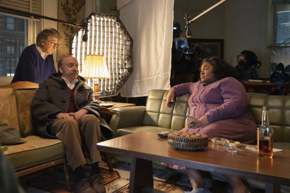 Alexander Payne, left, directs Giamatti and Da’Vine Joy Randolph on the set of The Holdovers.