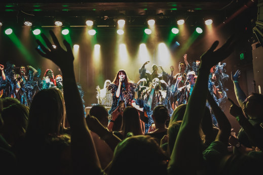 Amber Ferraro out front of the choir at the Esplanade Hotel, St Kilda, 2021.