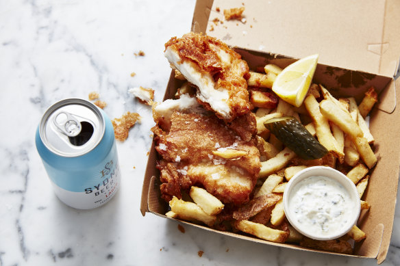 Battered Murray cod and chips at Charcoal Fish, Rose Bay.
