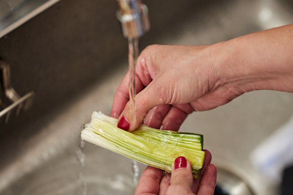 Wash leeks thoroughly to remove the grit. 