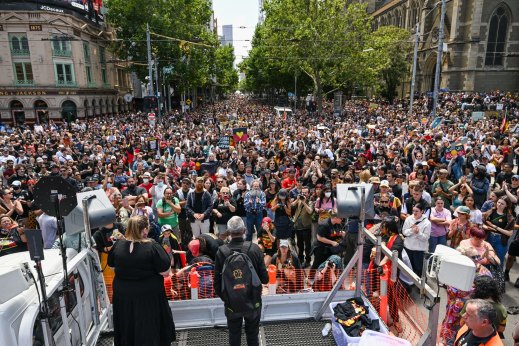 Long-term activist Gary Foley addresses the crowd in Melbourne.