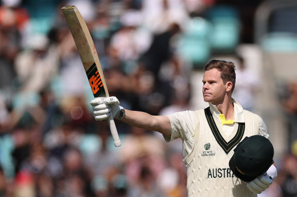 Steve Smith celebrates his century at The Oval.