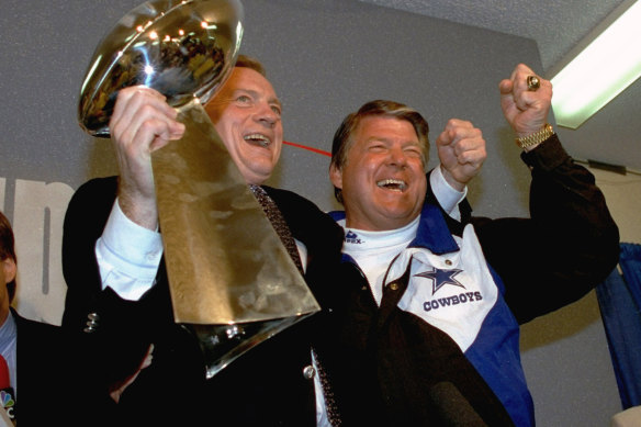 Dallas Cowboys coach Jimmy Johnson and owner Jerry Jones celebrate the 1993 Super Bowl win - the franchise’s second straight championship.  They have won just one since.