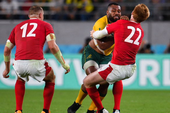 Wallabies centre Samu Kerevi was controversially penalised for this incident with Wales' Rhys Patchell.