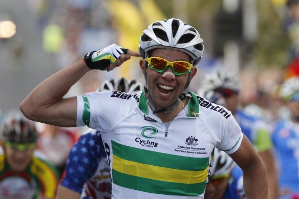Michael Matthews celebrates after winning the under-23 road race at the UCI Road World Championships in Geelong in 2010.