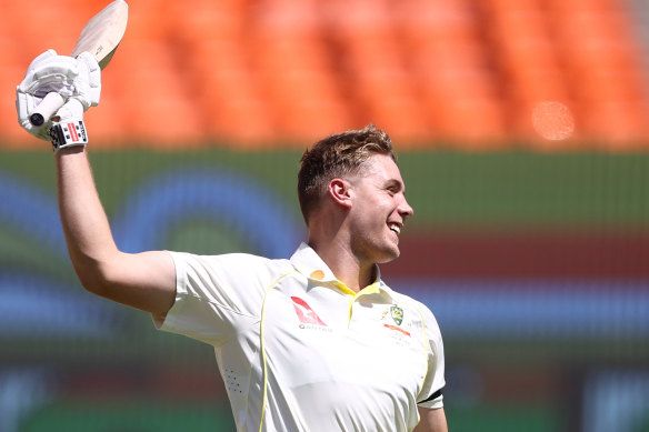 Cameron Green celebrates his first Test century.