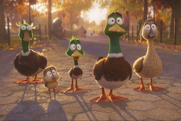 The Mallard family from Migration (from left) Uncle Dan (voiced by Danny DeVito), Gwen (Tresi Gazal), Dax (Caspar Jennings), Mack (Kumail Nanjiani) and Pam (Elizabeth Banks).