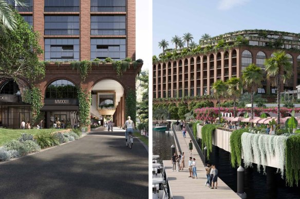 The new hotel proposed for Howard Smith Wharves, with a pedestrian and cycle path running through it.