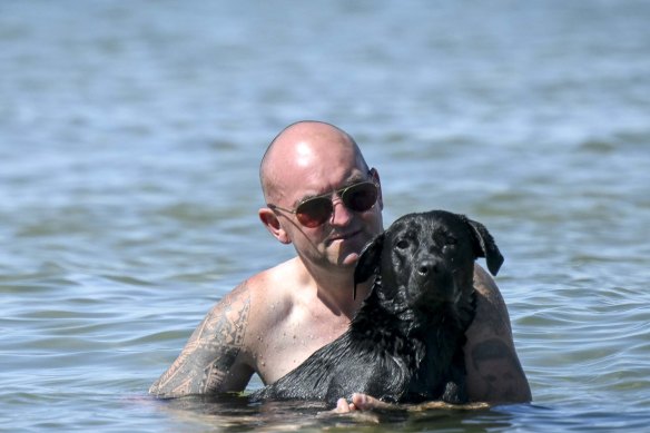 Dean Edgell and his dog Daisy cool off at Port Melbourne beach on Saturday.