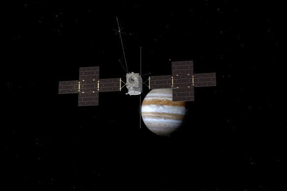 A mock-up of the Jupiter Icy Moons Explorer, Juice, orbiting Jupiter.