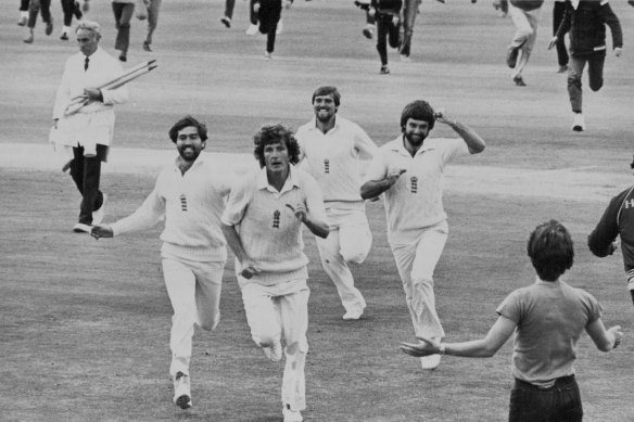 England players run from the field after beating Australia at Leeds in 1981.