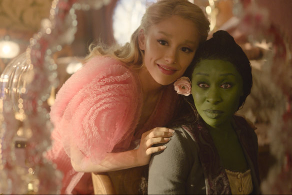 Ariana Grande (left) as Glinda and Cynthia Erivo as Elphaba in Wicked.