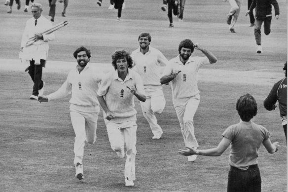 Bob Willis runs off the field after taking 8-43 and leading England to a famous victory.
