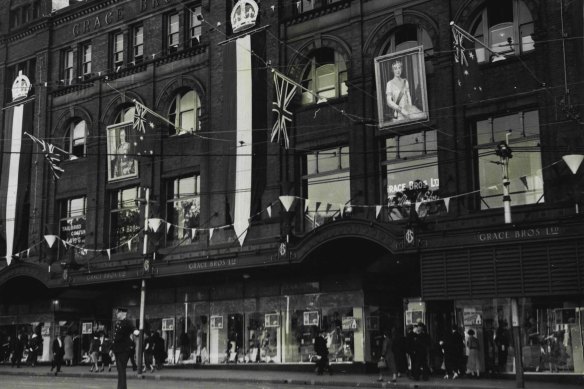 The old Grace Brothers Broadway building in May 1937 when it was decorated for a Coronation festival.