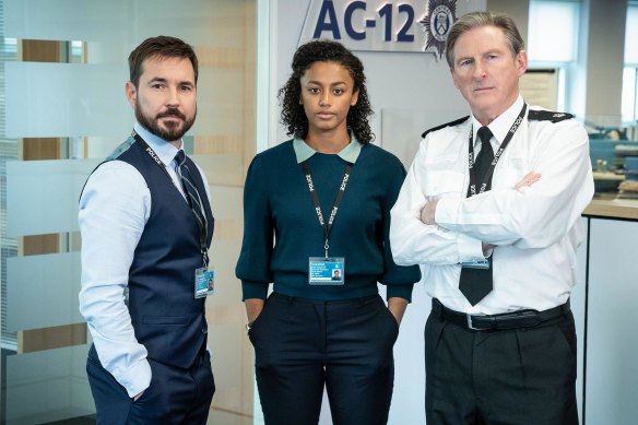Shalom Brune-Franklin with Martin Compston (left) and Adrian Dunbar in Line of Duty.