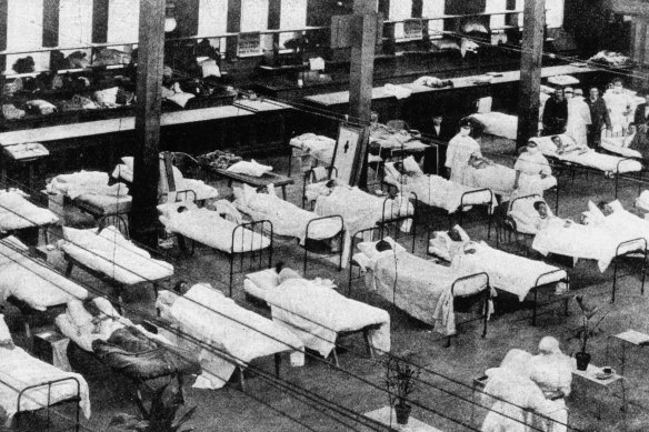 Hospital beds in the Royal Exhibition Building during the Spanish flu of 1919.