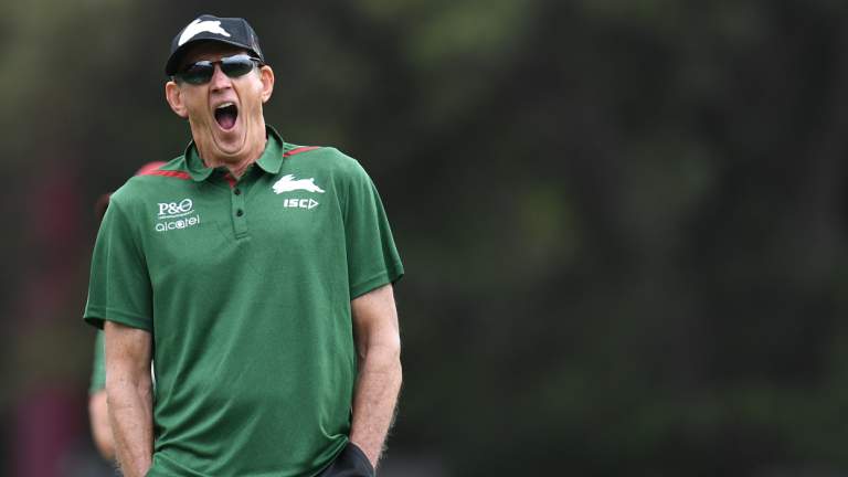 Wakey-wakey: Wayne Bennett takes in his first training session as Souths coach.