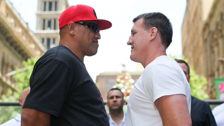 Heavyweights: Former NRL player John Hopoate and Paul Gallen promote their fight at the Martin Place Amphitheatre.